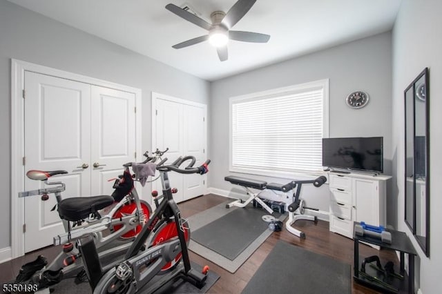 workout room featuring baseboards, wood finished floors, and ceiling fan