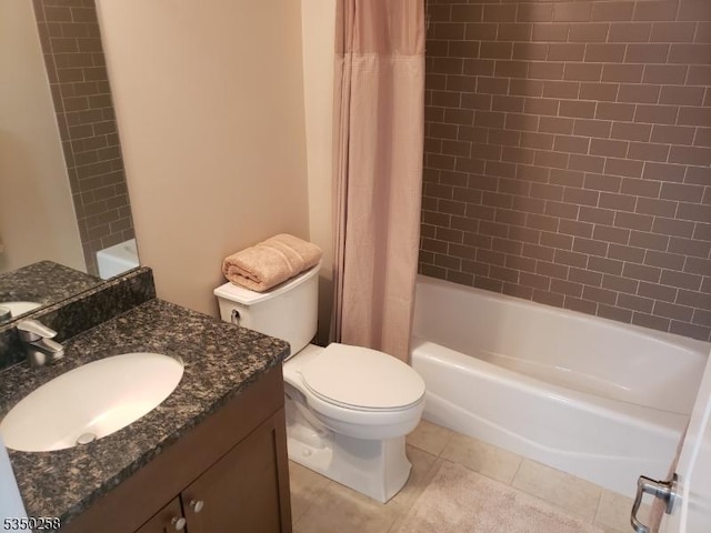 bathroom featuring toilet, shower / tub combo with curtain, tile patterned flooring, and vanity
