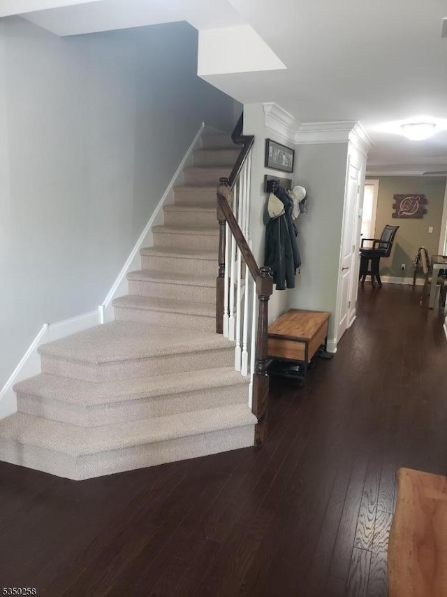 stairs featuring crown molding, baseboards, and wood-type flooring