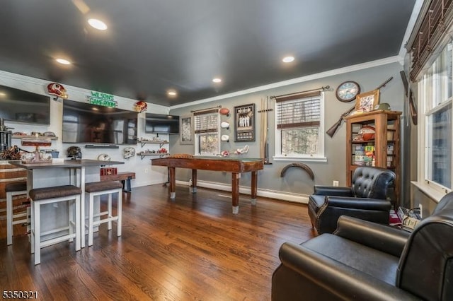 playroom with baseboards, ornamental molding, dark wood-style floors, and recessed lighting