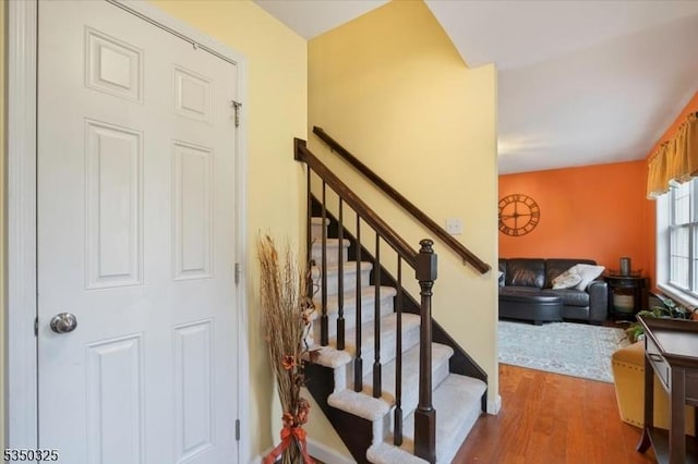 stairway featuring wood finished floors