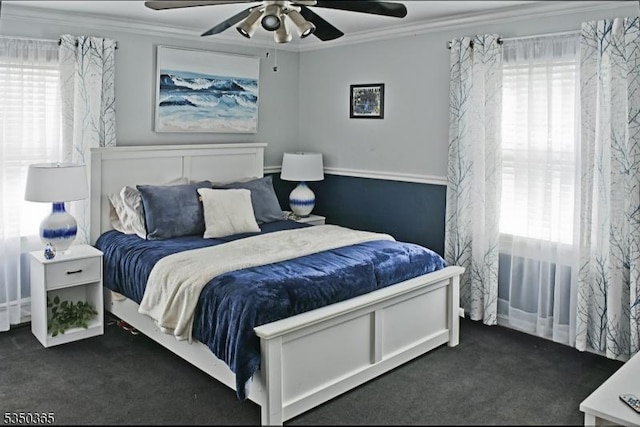 74 Longview Ave, Parsippany-Troy Hills Twp, NJ 07034 - bedroom featuring dark colored carpet, ornamental molding, and ceiling fan