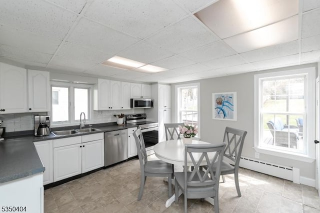 kitchen with a baseboard radiator, dark countertops, stainless steel appliances, and a sink