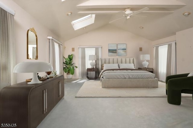 carpeted bedroom with a ceiling fan, a skylight, and high vaulted ceiling
