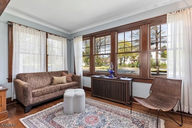 sitting room featuring radiator heating unit, ornamental molding, and wood finished floors