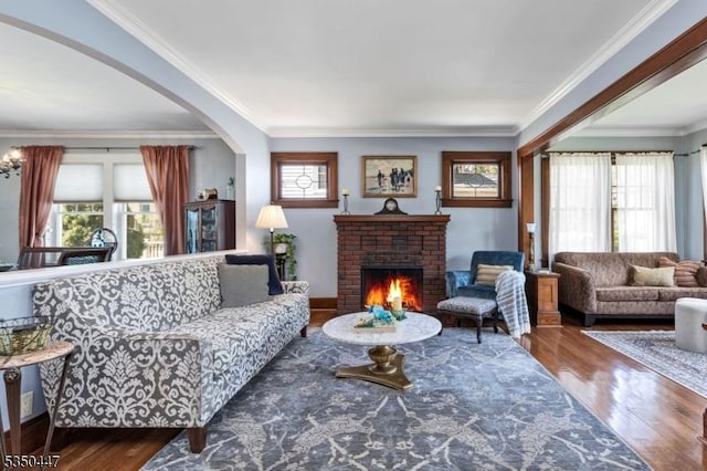 living room with ornamental molding, wood finished floors, and a healthy amount of sunlight