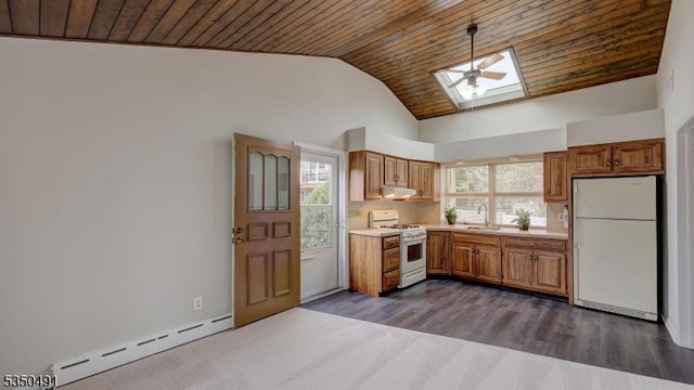 kitchen featuring baseboard heating, a sink, a skylight, white appliances, and wood ceiling