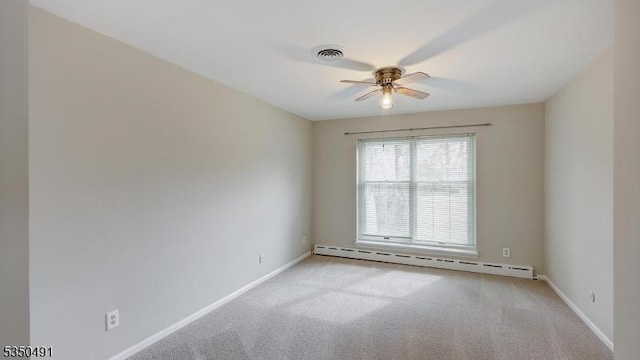 empty room featuring a baseboard heating unit, ceiling fan, visible vents, and carpet