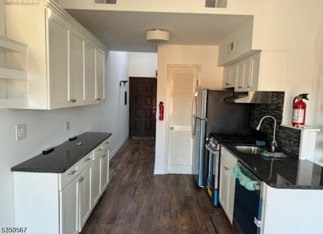 2 Alta Ct, Vernon Twp, NJ 07462 - kitchen featuring white cabinetry, under cabinet range hood, dishwasher, decorative backsplash, and dark wood-style floors