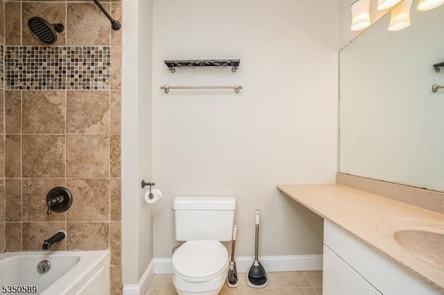 full bath featuring tile patterned flooring, shower / bathtub combination, vanity, toilet, and baseboards