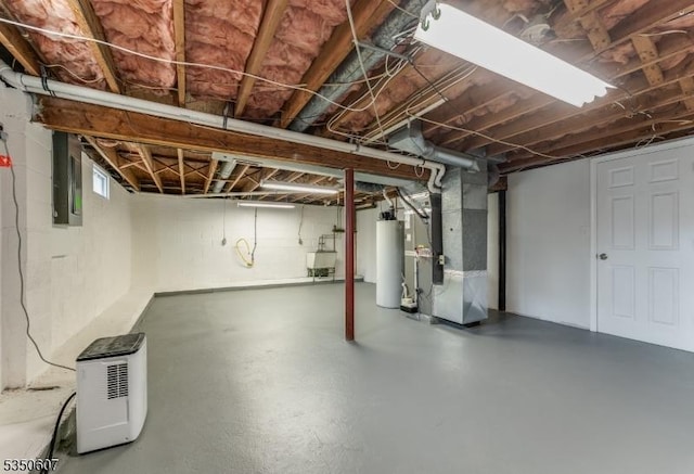 unfinished below grade area with heating unit, a sink, water heater, and electric panel