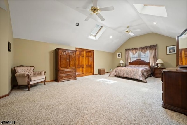 bedroom featuring light carpet, baseboards, recessed lighting, and vaulted ceiling with skylight
