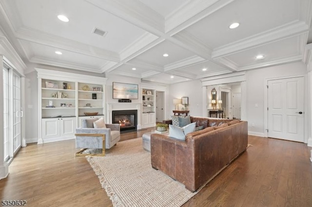 260 Hartshorn Dr, Millburn Twp, NJ 07078 - living area featuring wood finished floors, a glass covered fireplace, coffered ceiling, beam ceiling, and recessed lighting