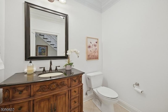 260 Hartshorn Dr, Millburn Twp, NJ 07078 - bathroom featuring toilet, baseboards, vanity, tile patterned flooring, and crown molding