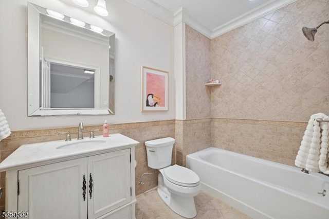 260 Hartshorn Dr, Millburn Twp, NJ 07078 - bathroom featuring tile walls, crown molding, toilet, a bathtub, and vanity