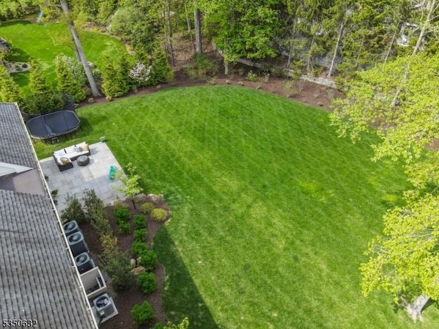 260 Hartshorn Dr, Millburn Twp, NJ 07078 - view of green lawn with a trampoline and a patio