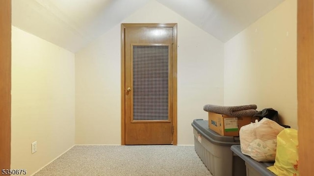 interior space with carpet floors, a heating unit, and lofted ceiling