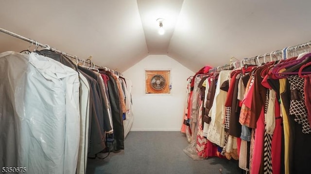 spacious closet featuring carpet and vaulted ceiling