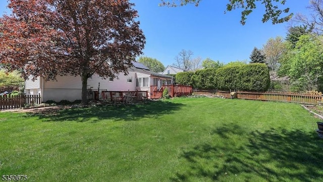 view of yard featuring a fenced backyard and a deck