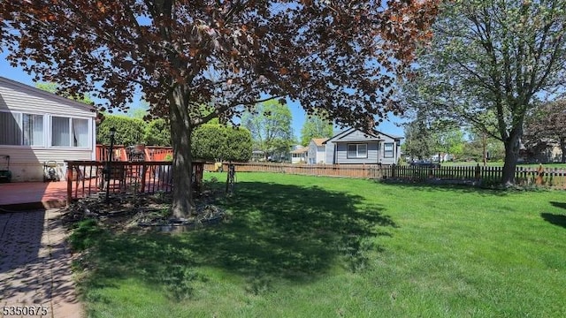 view of yard featuring a fenced backyard and a deck