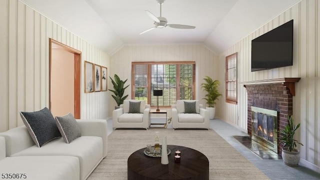 carpeted living room featuring a ceiling fan, vaulted ceiling, and a fireplace