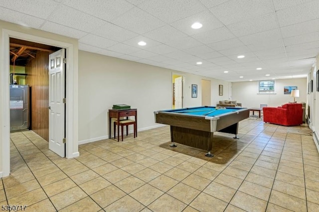 35 Clearview Dr, Randolph Twp, NJ 07869 - playroom with water heater, billiards table, light tile patterned floors, and recessed lighting