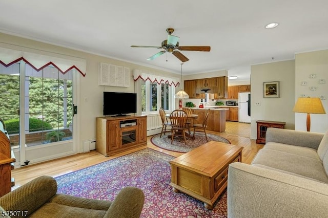 35 Clearview Dr, Randolph Twp, NJ 07869 - living room with ceiling fan, a baseboard radiator, crown molding, light wood-type flooring, and recessed lighting