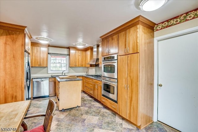 27 Landry Rd, Franklin Twp, NJ 08873 - kitchen featuring stone finish floor, appliances with stainless steel finishes, a center island, a sink, and wall chimney exhaust hood