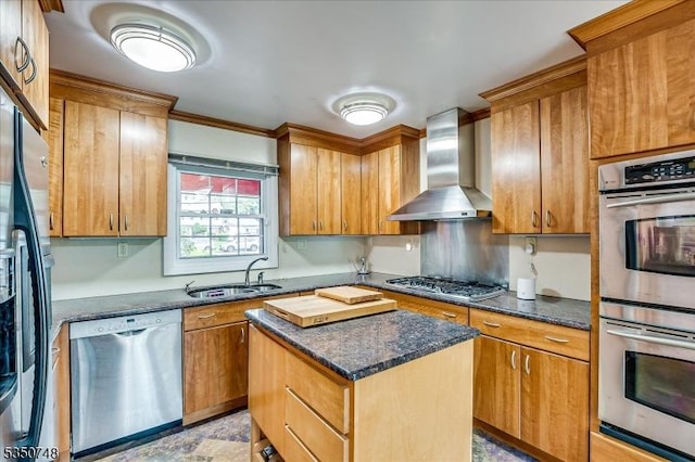 27 Landry Rd, Franklin Twp, NJ 08873 - kitchen with ornamental molding, a center island, wall chimney exhaust hood, a sink, and stainless steel appliances