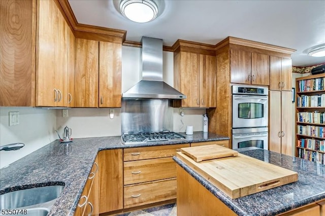 27 Landry Rd, Franklin Twp, NJ 08873 - kitchen with brown cabinetry, a kitchen island, wall chimney range hood, a sink, and appliances with stainless steel finishes