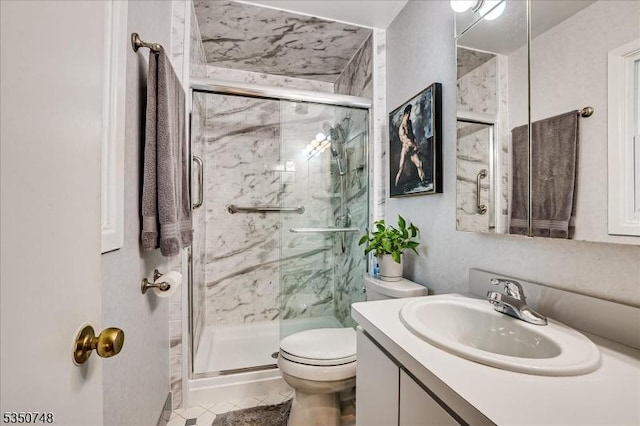 27 Landry Rd, Franklin Twp, NJ 08873 - bathroom featuring vanity, a marble finish shower, tile patterned floors, and toilet