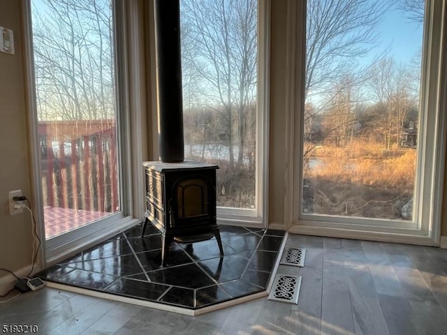 room details featuring a wood stove and visible vents