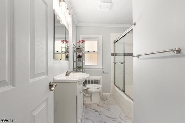 bathroom with crown molding, shower / bath combination with glass door, vanity, toilet, and marble finish floor