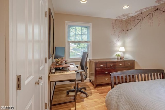 bedroom featuring recessed lighting and light wood-style flooring