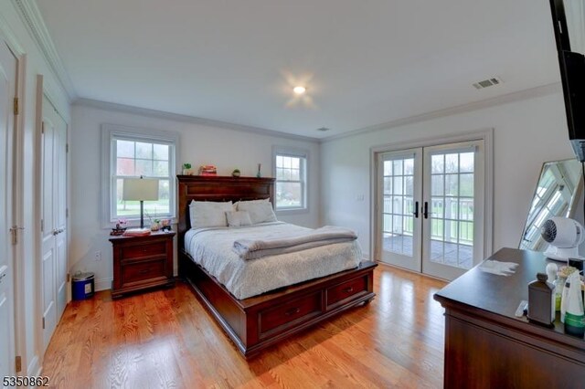 1 Dock Watch Hollow Rd, Warren Twp, NJ 07059 - bedroom with french doors, access to outside, crown molding, multiple windows, and light wood-type flooring