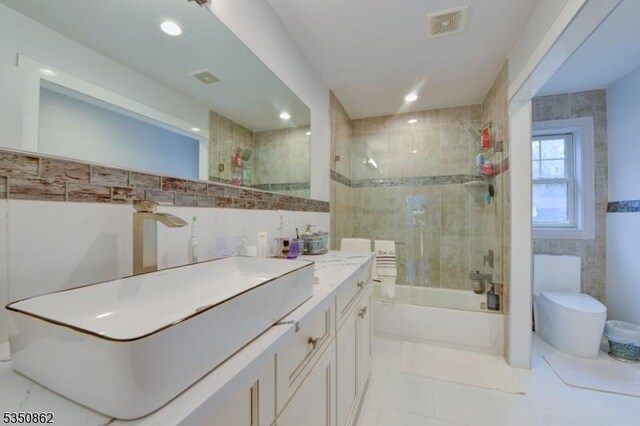 1 Dock Watch Hollow Rd, Warren Twp, NJ 07059 - full bath featuring tile walls,  shower combination, vanity, toilet, and recessed lighting