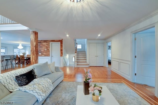 1 Dock Watch Hollow Rd, Warren Twp, NJ 07059 - living room with crown molding, plenty of natural light, stairs, a wainscoted wall, and recessed lighting