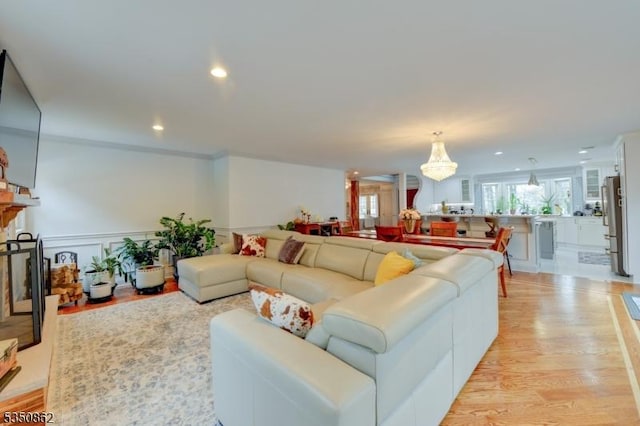 1 Dock Watch Hollow Rd, Warren Twp, NJ 07059 - living room with a chandelier, light wood-type flooring, and recessed lighting