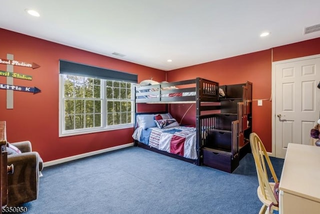 carpeted bedroom featuring baseboards, recessed lighting, and visible vents