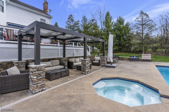 view of pool with fence, an outdoor hangout area, a patio area, a gazebo, and an in ground hot tub
