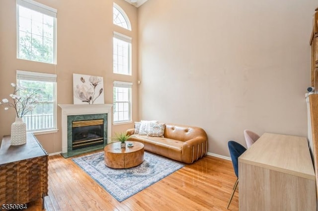 living room with healthy amount of natural light, wood finished floors, a towering ceiling, and baseboards