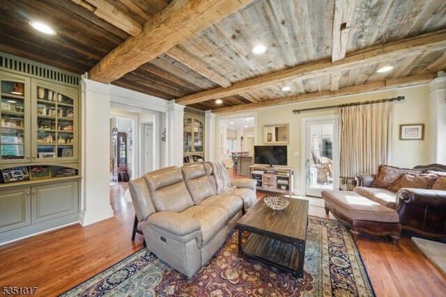 8 Mountain Top Dr, Liberty Twp, NJ 07838 - living room with wooden ceiling, wood finished floors, beam ceiling, and recessed lighting