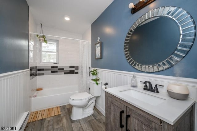 807 Eves Dr Unit 3P, Hillsborough Twp, NJ 08844 - bathroom featuring vanity, a wainscoted wall, toilet, shower / tub combo with curtain, and wood finished floors