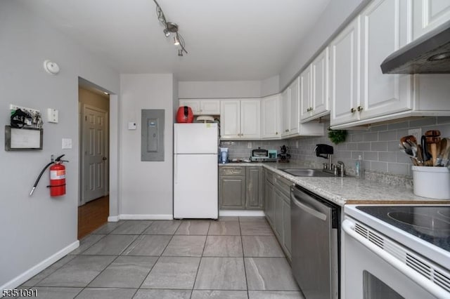 807 Eves Dr Unit 3P, Hillsborough Twp, NJ 08844 - kitchen featuring white appliances, extractor fan, electric panel, a sink, and decorative backsplash