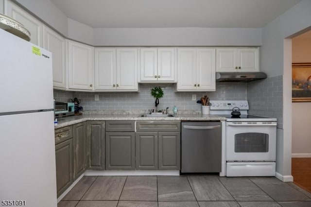 807 Eves Dr Unit 3P, Hillsborough Twp, NJ 08844 - kitchen featuring white appliances, a sink, under cabinet range hood, tasteful backsplash, and white cabinets