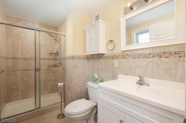 248 Green Village Rd, Madison Boro, NJ 07940 - full bath with vanity, a stall shower, tile patterned flooring, tile walls, and a wainscoted wall