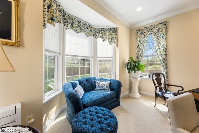 living area with carpet floors, crown molding, baseboards, and a wealth of natural light