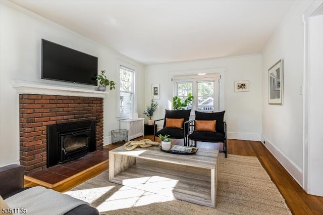 living room featuring baseboards, crown molding, wood finished floors, and a fireplace