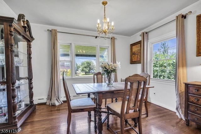 106 Anderson St, Raritan Boro, NJ 08869 - dining area with a chandelier, dark wood-style floors, healthy amount of natural light, crown molding, and baseboards
