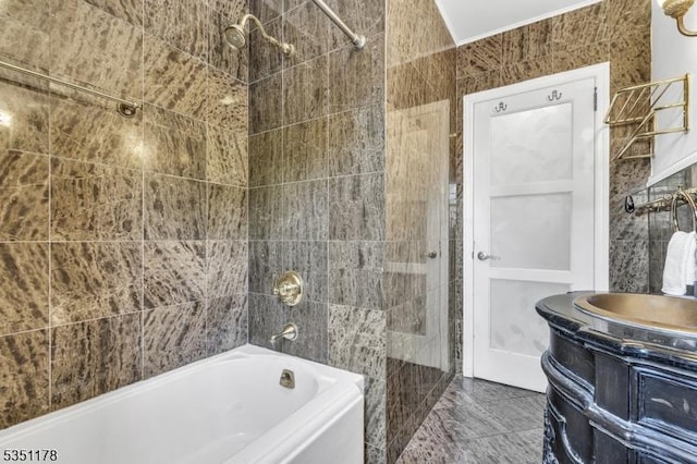106 Anderson St, Raritan Boro, NJ 08869 - bathroom featuring vanity, shower / bath combination, and tile walls